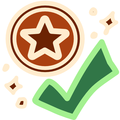 There are sparkles around a bronze medal with a green checkmark below it. The image has light line art.